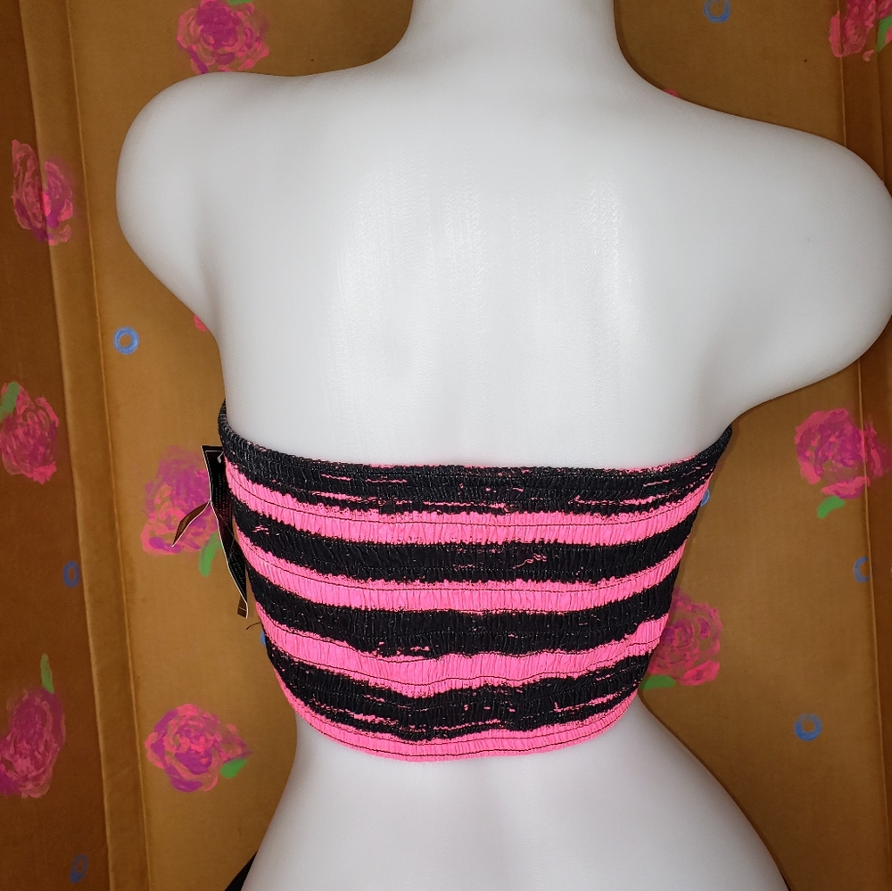 NEW NEON HOT PINK BLACK STRIPED TUBE TOP JUNIOR'S SIZE XL - Picture 3 of 8
